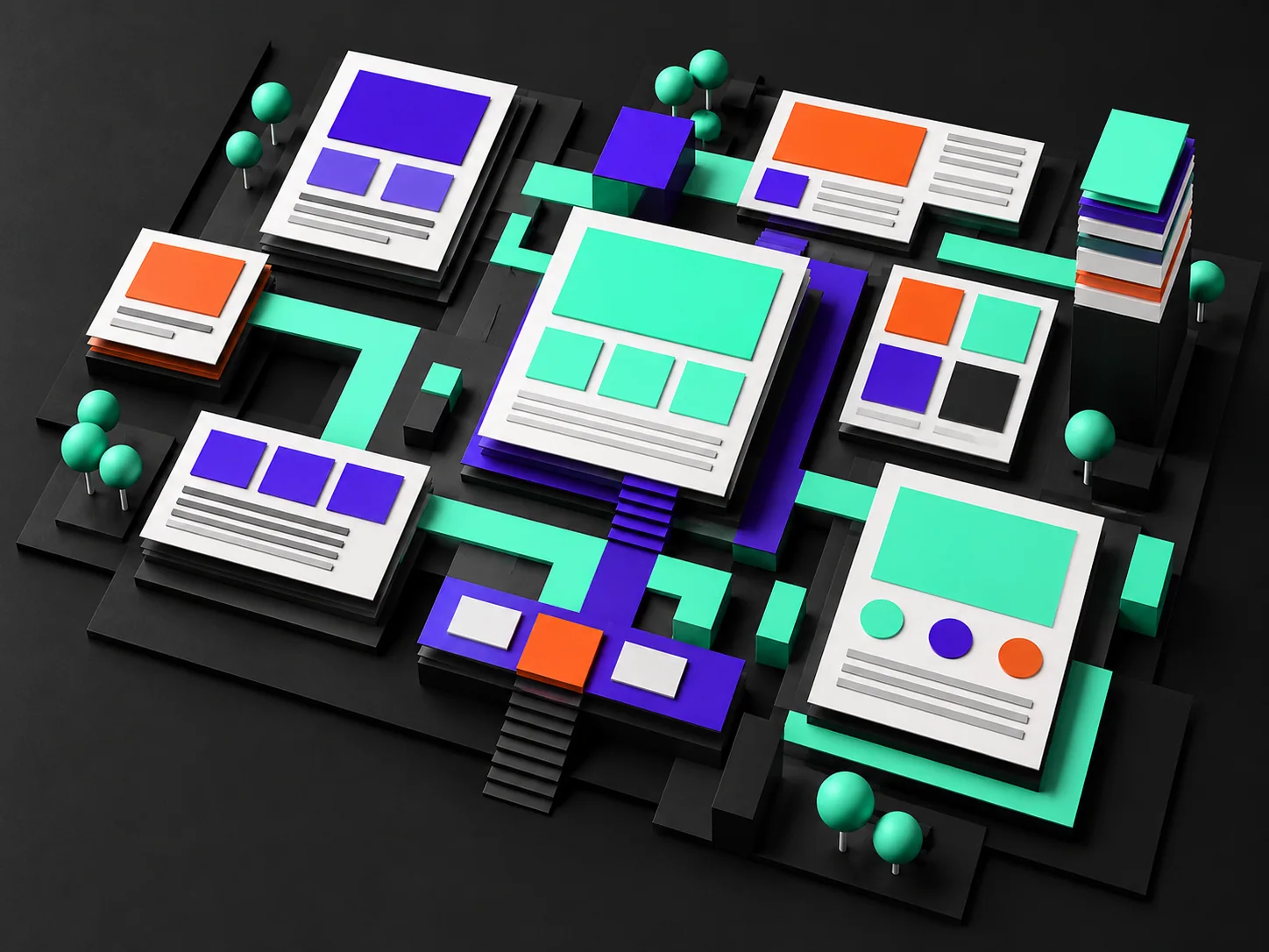 Abstract modular content platform arranged as connected pages